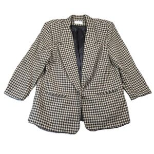 Vtg Alfred Dunner Wool Jacket 16 Black Tan Houndstooth Preppy Office Work 90s‎